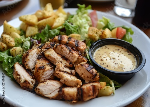 Caesar salad with chicken and dressing separately Vertical