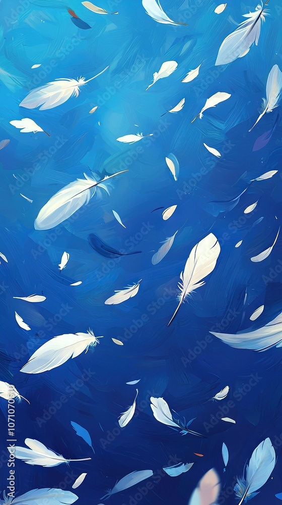 Obraz premium A painting of white feathers floating on blue water, beneath a blue sky