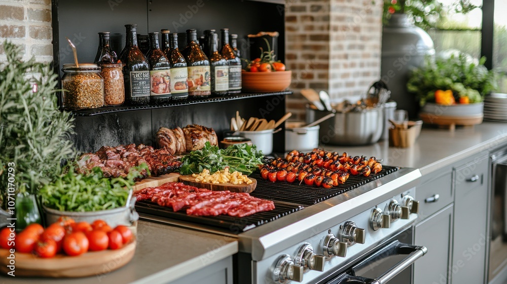 Cozy Kitchen with Grilled Meats and Fresh Ingredients Cozy Kitchen with Grilled Meats and Fresh Ingredients