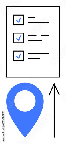 Checklist with three items, each having a check mark, above a blue location pin and upward arrow. Ideal for project management, planning, tracking progress, to-do lists, workflow organization