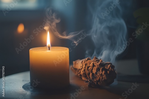 Ceremony using sage smoke and a candle photo