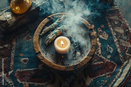 Ceremony with sage smoke and a candle photo