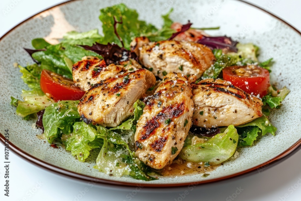 chicken Caesar salad served on a plate against a white backdrop chicken Caesar salad served on a plate against a white backdrop