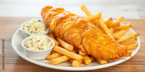 Fried Walleye fish dinner with fries and coleslaw on white plate, crispy, delicious, seafood, meal, golden, deep-fried, crispy, fish, delicious, fries