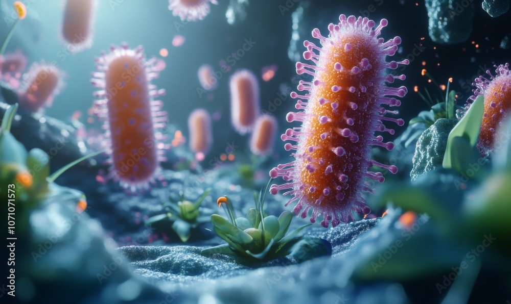 3D illustration of bacterial cells, with detailed cell wall and flagella, showcasing microbiology 3D illustration of bacterial cells, with detailed cell wall and flagella, showcasing microbiology