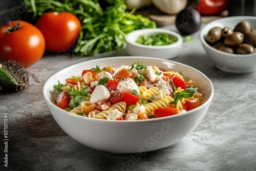 Chilled Italian pasta salad with fusilli tomatoes mozzarella olives and arugula in a white bowl surrounded by fresh veggies