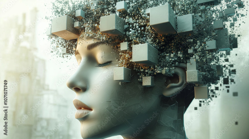 Floating Cubes Above Stylized Human Head, Symbolizing Growth, Change, and Human Complexity Floating Cubes Above Stylized Human Head, Symbolizing Growth, Change, and Human Complexity