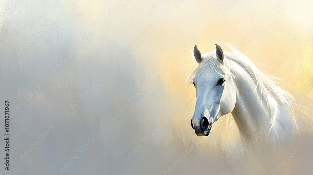 Fototapeta premium A white horse with long manes and a black nose stands against a yellow background in this painting