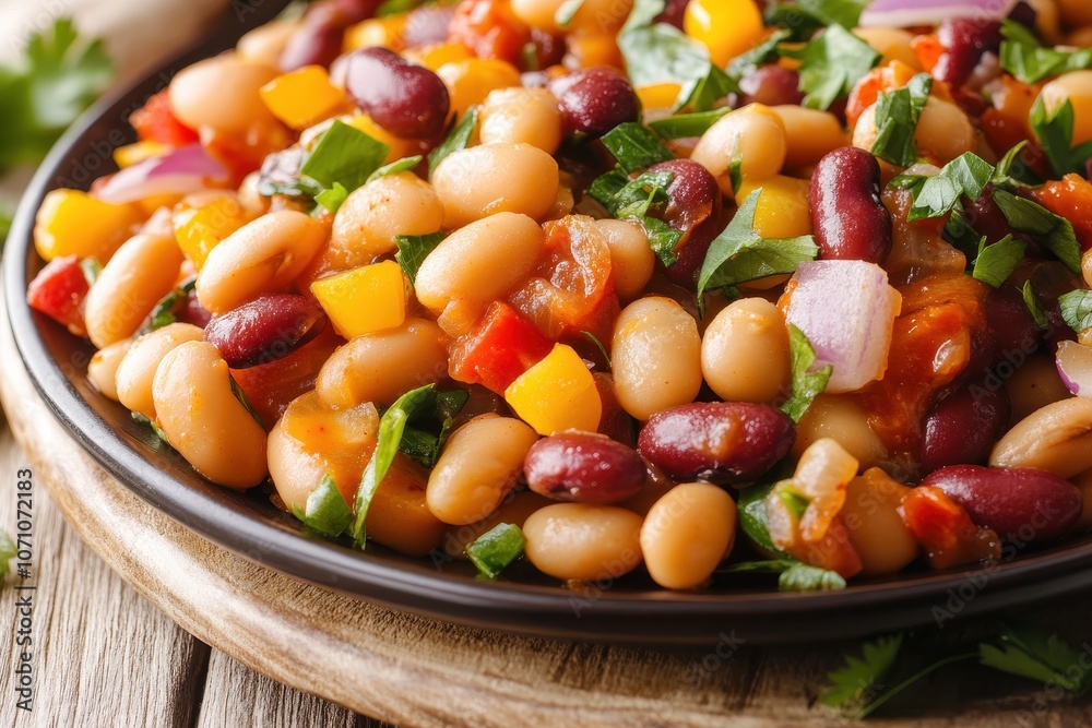 Close up of a flavorful vegetarian three bean salad with chili and onion on a plate Vertical shot Close up of a flavorful vegetarian three bean salad with chili and onion on a plate Vertical shot