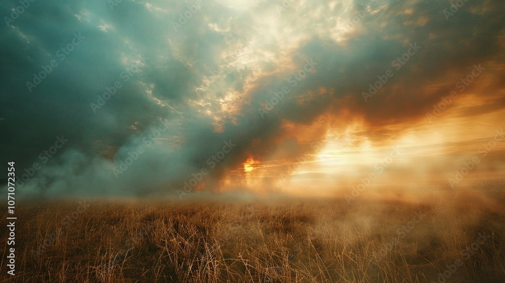 Fototapeta premium Smoky Sunset Over a Field of Tall Grass