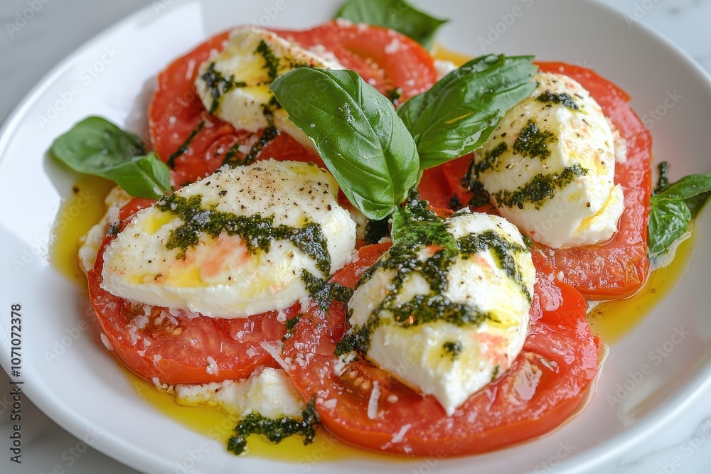 Close up top view of a mozzarella and basil tomato salad on a white marble surface Close up top view of a mozzarella and basil tomato salad on a white marble surface
