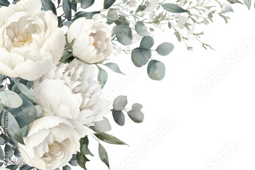 Corner border of watercolor white flowers featuring a creamy peony ivory rose sage green leaves and eucalyptus Hand painted art for wedding invites or backgrounds