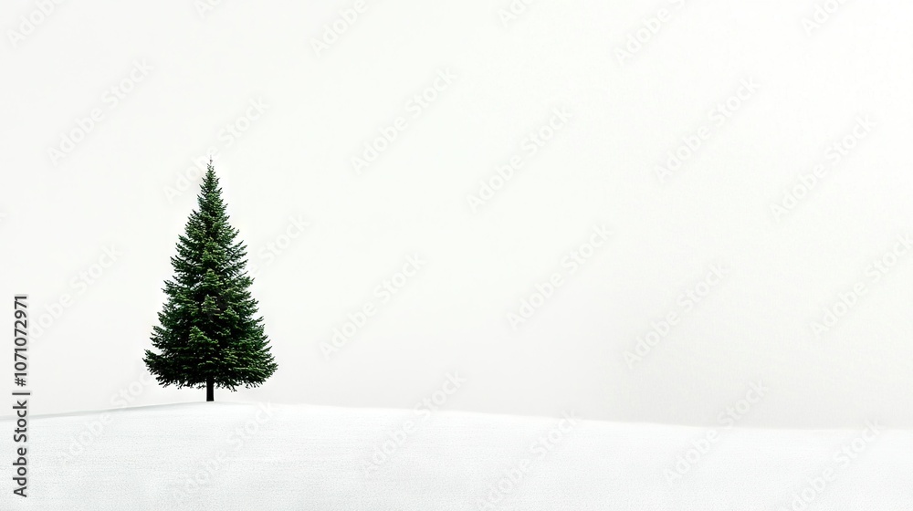 A solitary pine tree stands amidst a white, foggy field during a snow-covered day A solitary pine tree stands amidst a white, foggy field during a snow-covered day