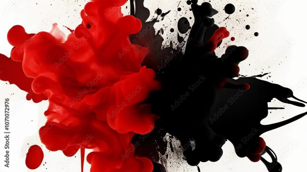 Red and black ink swirl and splash in a dramatic display against a white background