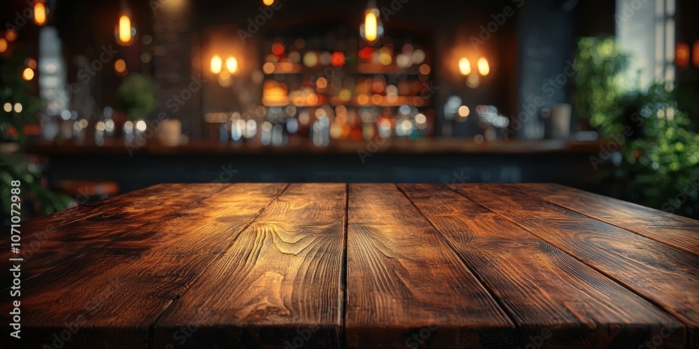 Rustic Wooden Tabletop with a Blurred Bar Background Rustic Wooden Tabletop with a Blurred Bar Background
