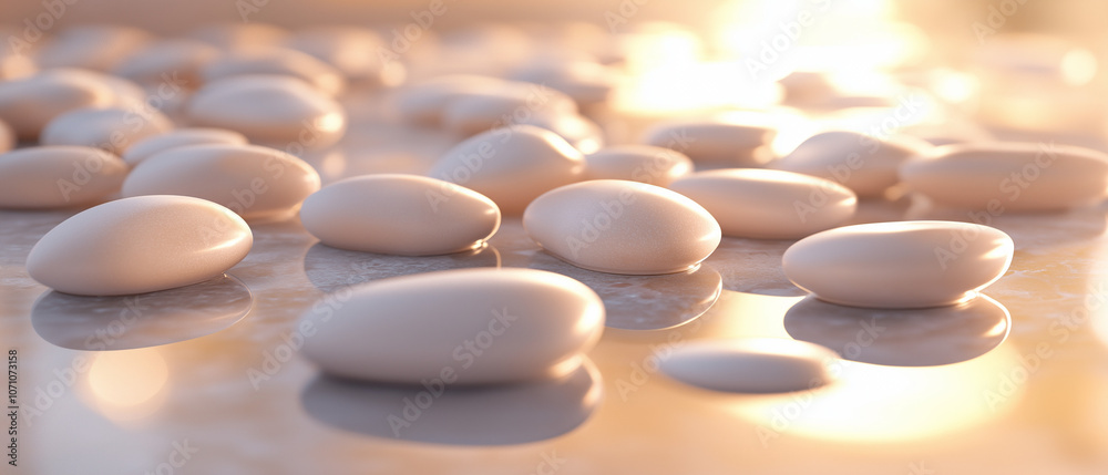 Photorealistic 3D render of polished stone pebbles in smooth, rounded pattern, with ambient light reflections creating a calming, spa-inspired atmosphere. Ideal for wellness Photorealistic 3D render of polished stone pebbles in smooth, rounded pattern, with ambient light reflections creating a calming, spa-inspired atmosphere. Ideal for wellness