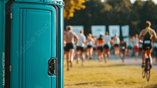 a row of portable toilets at the marathon photo