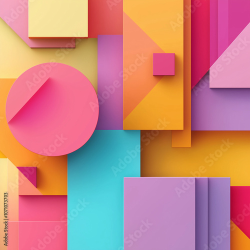 Vibrant 3D abstract geometric shapes in bold colors with soft gradients and glossy finish, floating in a minimalistic space. High resolution with soft lighting, perfect for eye-catching social media 