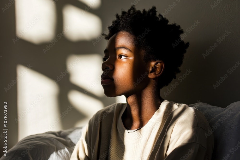 Dramatic side portrait of a teen Black boy on a bed with lighting effects and space for text Dramatic side portrait of a teen Black boy on a bed with lighting effects and space for text