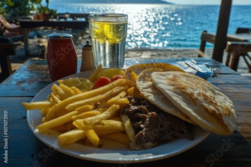 Dish with gyros pita tomatoes and fries on a table at a Greek restaurant in Adamas Milos Cyclades Greece photo