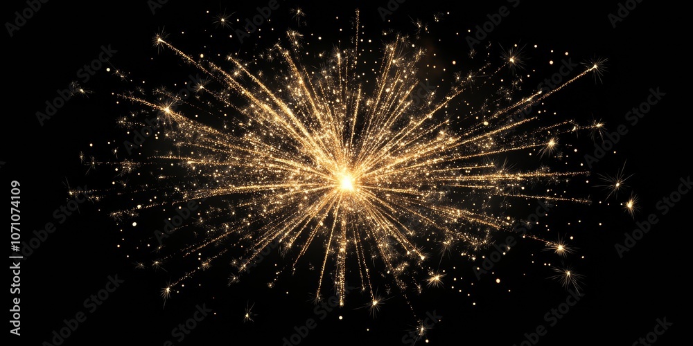 Obraz premium A golden firework burst with sparkling dust particles, illuminating a deep black background with a shimmering, celebratory feel