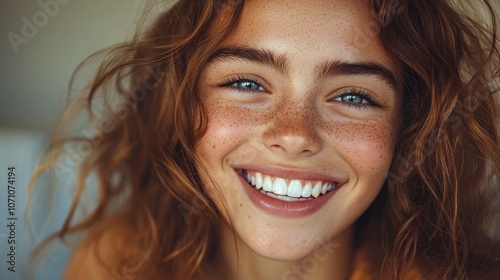 Close-up portrait of a freckled woman with blue eyes and a bright smile