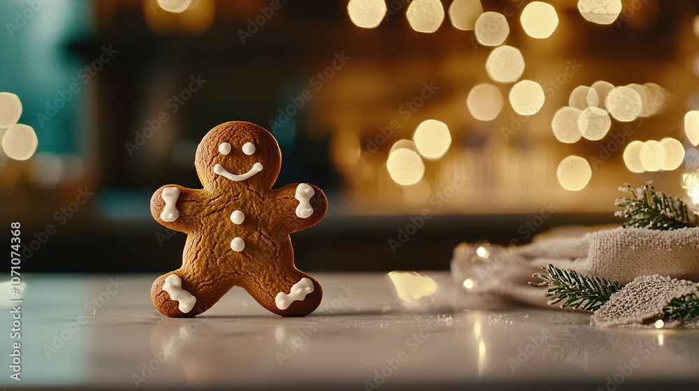 A clear photo of a gingerbread cookie resting near a festive holiday decoration with illuminated ornaments in the background A clear photo of a gingerbread cookie resting near a festive holiday decoration with illuminated ornaments in the background