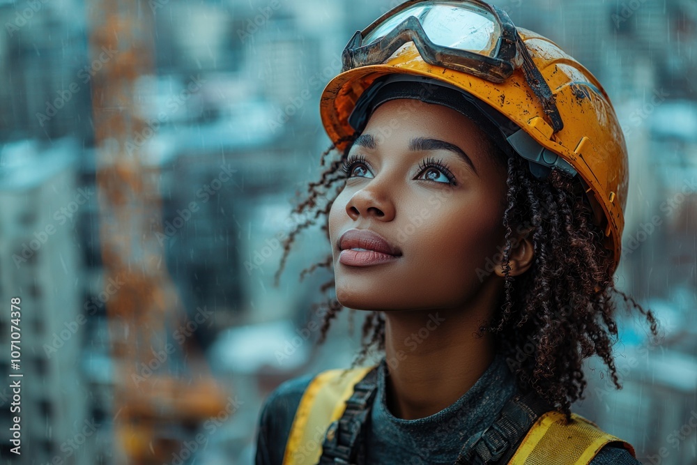 Woman in a Yellow Hard Hat and Safety Goggles Gazing Upwards in the Rain Woman in a Yellow Hard Hat and Safety Goggles Gazing Upwards in the Rain