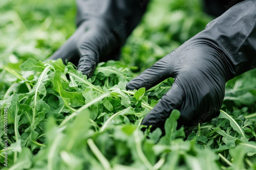 Farmer in black gloves picking arugula Farmer in black gloves picking arugula