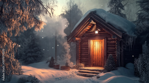 Traditional Russian winter banya with steam in snowy setting photo