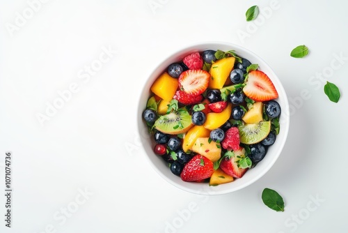 Fresh fruit salad in a white bowl against a white background Nutritious summer dish