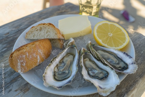 Fresh raw oysters served on ice with citron bread butter and white wine at a restaurant in Gujan Mestras Arcachon Bay France photo