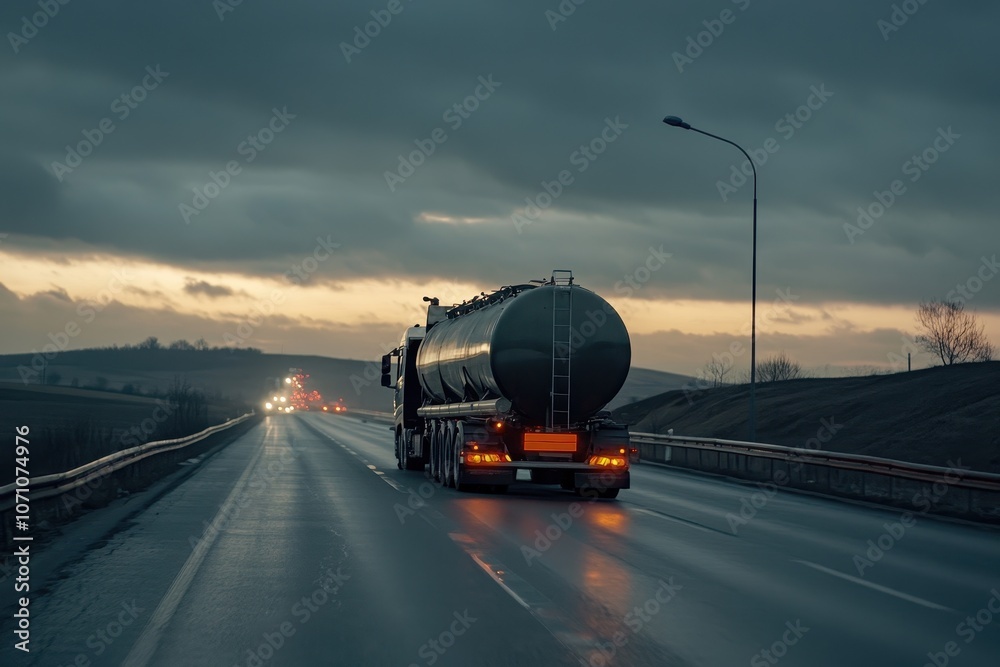 Fuel transport semi truck for liquid fuel and oil traveling on the highway transporting petroleum Evening lit gas carrier truck Fuel transport semi truck for liquid fuel and oil traveling on the highway transporting petroleum Evening lit gas carrier truck