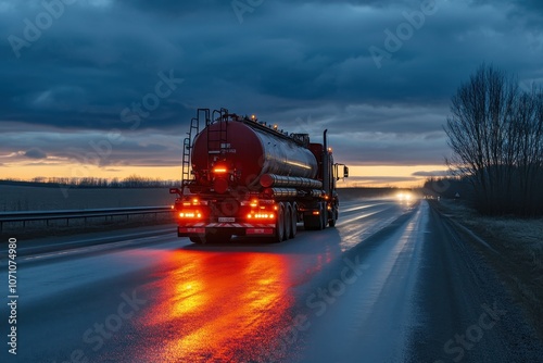 Fuel transport Liquid and oil cargo truck on road Moving petroleum Gas carrier truck at dusk