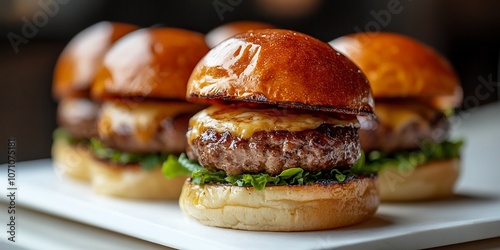 Succulent Beef Sliders With Melted Cheese and Fresh Greens Served on Toasted Brioche Buns in a Gourmet Setting