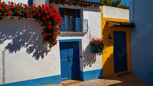 Colorful corner in Andalusia in a street with vibrant blue and yellow houses in a small Andalusian village.