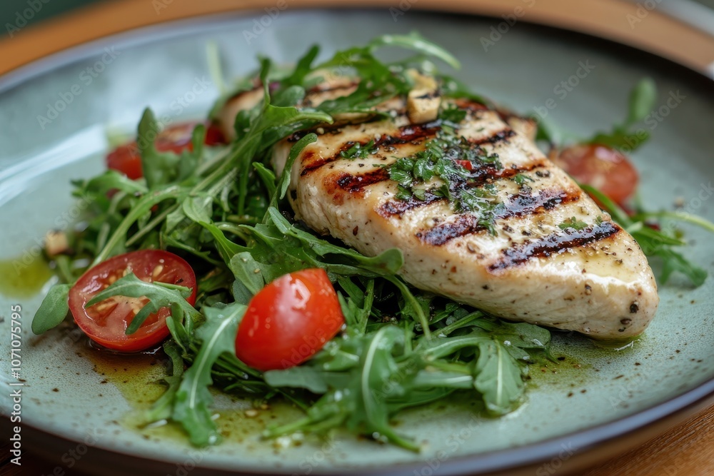 Grilled chicken with a salad of arugula and tomatoes Grilled chicken with a salad of arugula and tomatoes