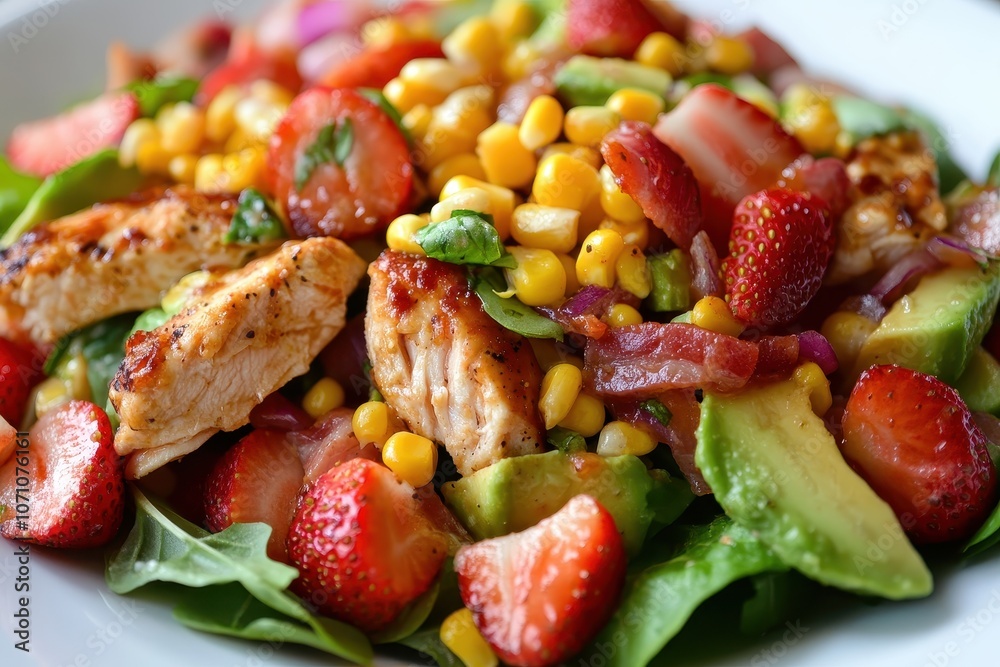 Healthy salad with chicken bacon avocado strawberries and corn Healthy salad with chicken bacon avocado strawberries and corn