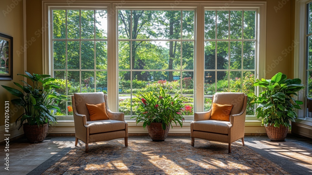 A cozy sitting space features two stylish chairs with orange cushions and vibrant plants near expansive windows opening to a beautiful garden outside. A cozy sitting space features two stylish chairs with orange cushions and vibrant plants near expansive windows opening to a beautiful garden outside.
