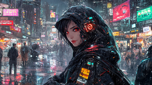 Futuristic cyberpunk cityscape with a hooded female character, glowing neon lights, and rainy atmosphere photo