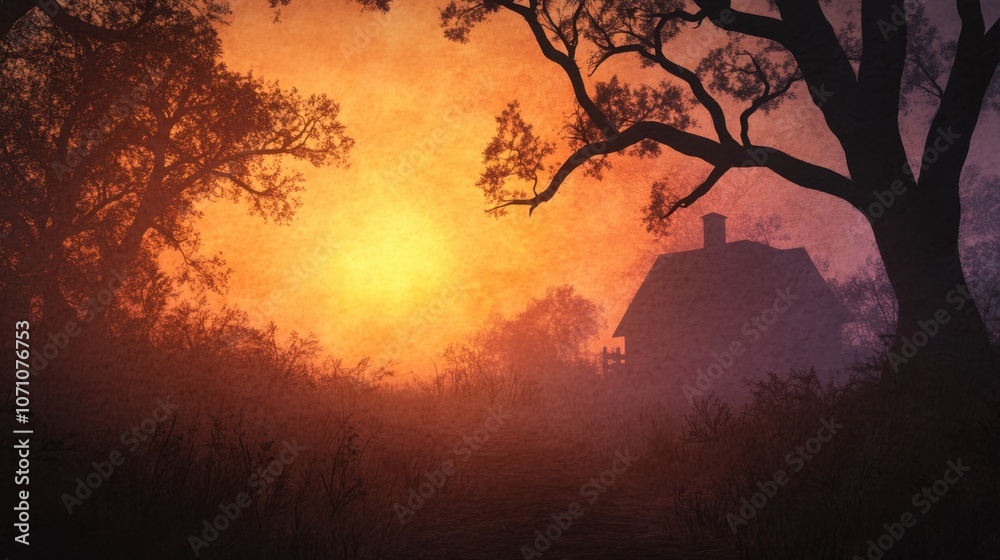 Naklejka premium Sunset silhouettes a tranquil evening over a rustic cabin