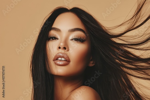Image of an attractive woman with flowing hair Isolated model on a beige backdrop Young girl with windblown hair Light eye makeup with long black false eyelashes