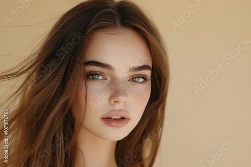 Image of an attractive woman with long hair Model on a beige backdrop Young girl with wind swept hair Light eye makeup with long false eyelashes