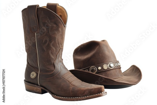 Isolated cowboy hat and boots with cutout path