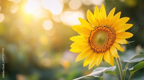 Sunflower blooms brightly in the golden sunlight