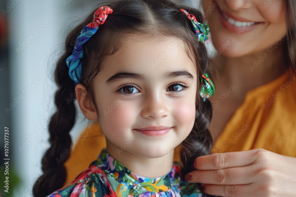A young girl with braids smiles brightly while her mother prepares her hair in a cozy indoor setting during the morning A young girl with braids smiles brightly while her mother prepares her hair in a cozy indoor setting during the morning