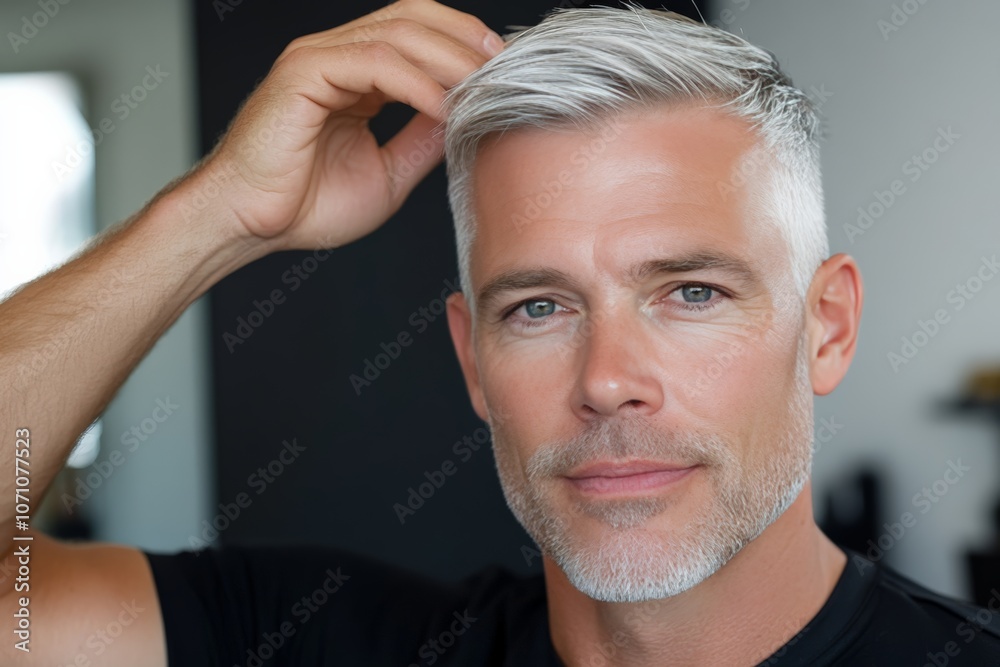 Obraz premium Man with stylish gray hair and beard poses confidently indoors, showcasing modern grooming in a contemporary setting
