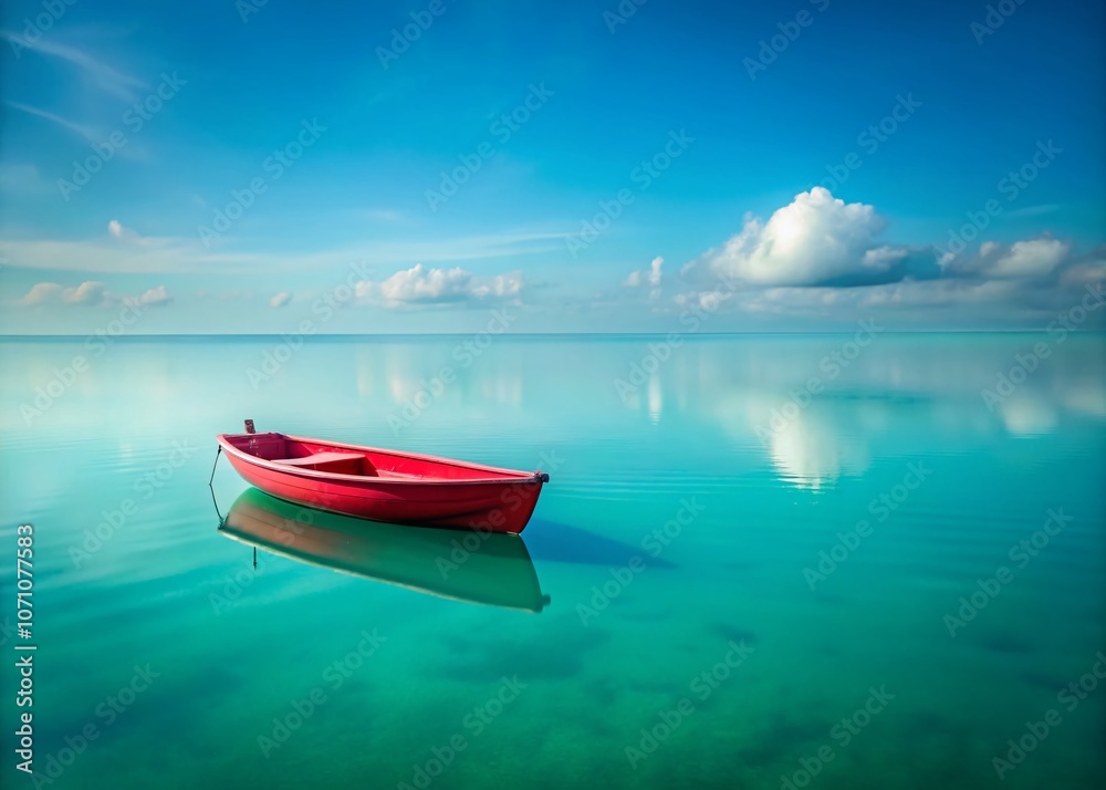 Minimalist Red Rowboat on Teal Water: A Serene Abstract Nautical Concept Captured in Panoramic Photography for Tranquil Home Decor and Artistic Inspiration