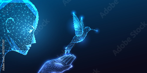 AI and nature harmony concept with robotic head holding colibri bird on dark blue background. 