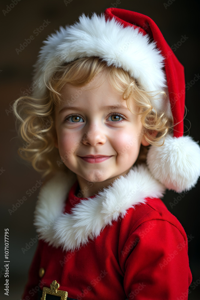 A young child wearing a bright red Santa costume and a fluffy hat beams with joy, capturing the spirit of the holiday season and innocence - Generative AI A young child wearing a bright red Santa costume and a fluffy hat beams with joy, capturing the spirit of the holiday season and innocence - Generative AI